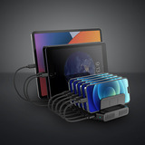 Lindy 120W 10 Port USB-Ladestation, 8x USB-A + 2x USB-C schwarz/grau, QC 3.0, Samsung AFC, gleichzeitiges Laden von 10 Tablets / Smartphones