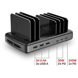Lindy 160W 6 Port USB-Ladestation, 3x USB-A + 3x USB-C schwarz/grau, PD 3.0, QC 3.0/4.0, Samsung AFC, gleichzeitiges Laden von 6 Tablets / Smartphones