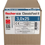 fischer Spanplattenschraube ClassicFast II 3,0x25 Senkkopf TX 1000 Stück, mit Vollgewinde, verzinkt