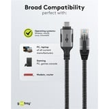 goobay Ethernet-Kabel USB-C 3.2 Gen2 Stecker > RJ-45 Stecker, LAN-Adapter schwarz/silber, 1,5 Meter, geflochtener Textilmantel
