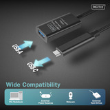 Digitus Aktives USB 3.2 Gen 2 Verlängerungskabel, USB-C Stecker > USB-A Buchse schwarz, 5 Meter, Repeater Kabel
