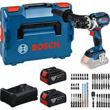 Bosch Werkzeug-Set: Akku-Bohrschrauber 18 Volt 110 Nm mit 2 Akkus 5,0 Ah, Ladegerät und Bit-Set Boxed