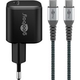 goobay USB-C Ladeset, PD, 65 Watt, USB-C Textilkabel, Ladegerät schwarz, 1x USB-C PD, GaN, 1 Meter Kabel