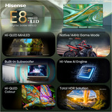 Hisense ULED 75E8S MiniLED , QLED-Fernseher 189 cm (75 Zoll), schwarz/dunkelgrau, UltraHD/4K, Triple Tuner, Subwoofer, 144Hz Panel