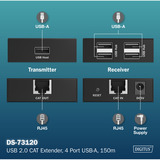 Digitus USB 2.0 CAT Extender-Set, 480 Mbps, 150 Meter, USB-Extender schwarz, Sendeeinheit + Empfängereinheit, 4 Port USB-A