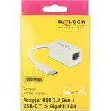 DeLOCK USB 3.2 Gen 1 Adapter, USB-C Stecker > RJ-45 Buchse weiß, 13,5 cm, Gigabit LAN 10/100/1.000 Mbit/s