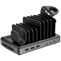 Lindy 160W 6 Port USB-Ladestation, 3x USB-A + 3x USB-C schwarz/grau, PD 3.0, QC 3.0/4.0, Samsung AFC, gleichzeitiges Laden von 6 Tablets / Smartphones