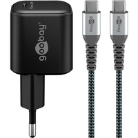 goobay USB-C Ladeset, PD, 65 Watt, USB-C Textilkabel, Ladegerät schwarz, 1x USB-C PD, GaN, 1 Meter Kabel