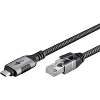 goobay Ethernet-Kabel USB-C 3.2 Gen2 Stecker > RJ-45 Stecker, LAN-Adapter schwarz/silber, 3 Meter, geflochtener Textilmantel