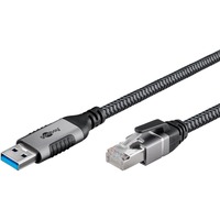 goobay Ethernet-Kabel USB-A 3.2 Gen1 Stecker > RJ-45 Stecker, LAN-Adapter schwarz/silber, 2 Meter, geflochtener Textilmantel