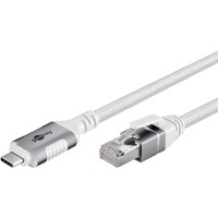 goobay Ethernet-Kabel USB-C 3.2 Gen2 Stecker > RJ-45 Stecker, LAN-Adapter weiß, 5 Meter, geflochtener Textilmantel