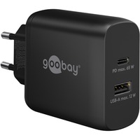 goobay USB-C Dual-Schnellladegerät, PD, GaN, 65 Watt schwarz, 1x USB-C, 1x USB-A, Power Delivery