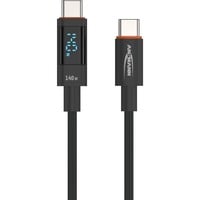 Ansmann USB 2.0 Kabel, USB-C Stecker > USB-C Stecker anthrazit, 1,2 Meter, PD 3.1, Laden mit bis zu 140 Watt, gesleevt, integriertes LED Display