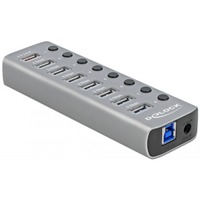 DeLOCK USB 3.2 Gen 1 Hub mit 7 Ports + 1 Schnellladeport + 1 USB-C PD 3.0 Port , USB-Hub grau, mit Schalter und Beleuchtung