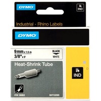 Dymo Rhino IND ORIGINAL Heißschrumpfschlauch 9mm x 1,5m, schwarz auf weiß, Etiketten- Schrumpfschlauch für Durchmesser 1,73-3,73 mm, 18053